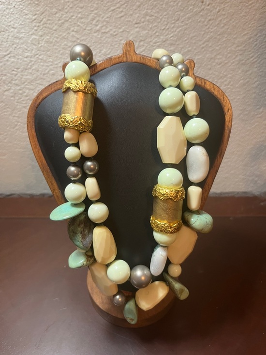 Alexis Bittar Jewelry - Alexis Bittar Gold Tone Moss Agate and Turquoise Statement Necklace